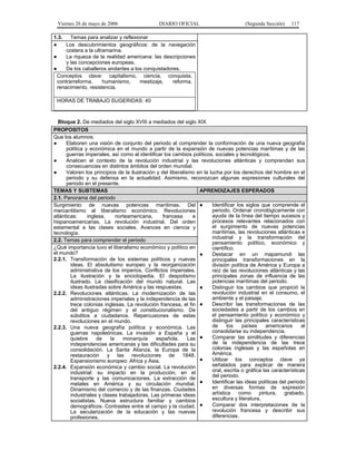 Viernes 26 de mayo de 2006                     DIARIO OFICIAL                          (Segunda Sección)    117

1.3.    Temas para analizar y reflexionar
●     Los descubrimientos geográficos: de la navegación
      costera a la ultramarina.
●     La riqueza de la realidad americana: las descripciones
      y las concepciones europeas.
●     De los caballeros andantes a los conquistadores.
  Conceptos clave: capitalismo, ciencia, conquista,
  contrarreforma,      humanismo,     mestizaje,   reforma,
  renacimiento, resistencia.

 HORAS DE TRABAJO SUGERIDAS: 40



 Bloque 2. De mediados del siglo XVIII a mediados del siglo XIX
PROPOSITOS
Que los alumnos:
●     Elaboren una visión de conjunto del periodo al comprender la conformación de una nueva geografía
      política y económica en el mundo a partir de la expansión de nuevas potencias marítimas y de las
      guerras imperiales, así como al identificar los cambios políticos, sociales y tecnológicos.
●     Analicen el contexto de la revolución industrial y las revoluciones atlánticas y comprendan sus
      consecuencias en distintos ámbitos del orden mundial.
●     Valoren los principios de la ilustración y del liberalismo en la lucha por los derechos del hombre en el
      periodo y su defensa en la actualidad. Asimismo, reconozcan algunas expresiones culturales del
      periodo en el presente.
TEMAS Y SUBTEMAS                                                  APRENDIZAJES ESPERADOS
2.1. Panorama del periodo
Surgimiento de nuevas potencias marítimas. Del ●                        Identificar los siglos que comprende el
mercantilismo al liberalismo económico. Revoluciones                    periodo. Ordenar cronológicamente con
atlánticas:     inglesa,     norteamericana,      francesa      e       ayuda de la línea del tiempo sucesos y
hispanoamericanas. La revolución industrial. Del orden                  procesos relevantes relacionados con
estamental a las clases sociales. Avances en ciencia y                  el surgimiento de nuevas potencias
tecnología.                                                             marítimas, las revoluciones atlánticas e
                                                                        industrial y la transformación del
2.2. Temas para comprender el periodo
                                                                        pensamiento político, económico y
¿Qué importancia tuvo el liberalismo económico y político en            científico.
el mundo?                                                         ●     Destacar en un mapamundi las
2.2.1. Transformación de los sistemas políticos y nuevas                principales transformaciones en la
        ideas. El absolutismo europeo y la reorganización               división política de América y Europa a
        administrativa de los imperios. Conflictos imperiales.          raíz de las revoluciones atlánticas y las
        La ilustración y la enciclopedia. El despotismo                 principales zonas de influencia de las
        ilustrado. La clasificación del mundo natural. Las              potencias marítimas del periodo.
        ideas ilustradas sobre América y las respuestas.          ●     Distinguir los cambios que propició la
2.2.2. Revoluciones atlánticas. La modernización de las                 revolución industrial en el consumo, el
        administraciones imperiales y la independencia de las           ambiente y el paisaje.
        trece colonias inglesas. La revolución francesa, el fin ●       Describir las transformaciones de las
        del antiguo régimen y el constitucionalismo. De                 sociedades a partir de los cambios en
        súbditos a ciudadanos. Repercusiones de estas                   el pensamiento político y económico y
        revoluciones en el mundo.                                       distinguir las principales características
2.2.3. Una nueva geografía política y económica. Las                    de      los   países     americanos       al
        guerras napoleónicas. La invasión a España y el                 consolidarse su independencia.
        quiebre     de    la    monarquía      española.      Las ●     Comparar las similitudes y diferencias
        independencias americanas y las dificultades para su            de la independencia de las trece
        consolidación. La Santa Alianza, la Europa de la                colonias inglesas y las españolas en
        restauración y las revoluciones de 1848.                        América.
        Expansionismo europeo: Africa y Asia.                     ●     Utilizar los conceptos clave ya
2.2.4. Expansión económica y cambio social. La revolución               señalados para explicar de manera
        industrial: su impacto en la producción, en el                  oral, escrita o gráfica las características
        transporte y las comunicaciones. La extracción de               del periodo.
        metales en América y su circulación mundial. ●                  Identificar las ideas políticas del periodo
        Dinamismo del comercio y de las finanzas. Ciudades              en diversas formas de expresión
        industriales y clases trabajadoras. Las primeras ideas          artística como pintura,           grabado,
        socialistas. Nueva estructura familiar y cambios                escultura y literatura.
        demográficos. Contrastes entre el campo y la ciudad. ●          Comparar dos interpretaciones de la
        La secularización de la educación y las nuevas                  revolución francesa y describir sus
        profesiones.                                                    diferencias.
 