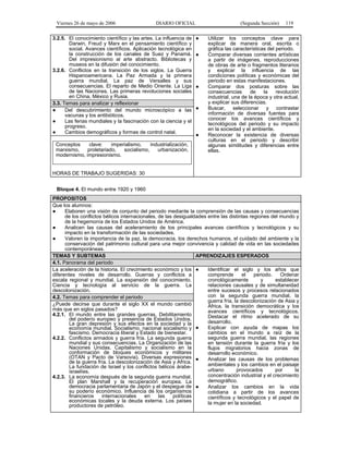 Viernes 26 de mayo de 2006                   DIARIO OFICIAL                        (Segunda Sección)    119

3.2.5. El conocimiento científico y las artes. La influencia de   ●   Utilizar los conceptos clave para
        Darwin, Freud y Marx en el pensamiento científico y           explicar de manera oral, escrita o
        social. Avances científicos. Aplicación tecnológica en        gráfica las características del periodo.
        la construcción de los canales de Suez y Panamá.          ●   Comparar diversas corrientes artísticas
        Del impresionismo al arte abstracto. Bibliotecas y            a partir de imágenes, reproducciones
        museos en la difusión del conocimiento.                       de obras de arte o fragmentos literarios
3.2.6. Conflictos en la transición de los siglos. La Guerra           y explicar la influencia de las
        Hispanoamericana. La Paz Armada y la primera                  condiciones políticas y económicas del
        guerra mundial. La paz de Versalles y sus                     periodo en estas manifestaciones.
        consecuencias. El reparto de Medio Oriente. La Liga       ●   Comparar dos posturas sobre las
        de las Naciones. Las primeras revoluciones sociales           consecuencias       de    la    revolución
        en China, México y Rusia.                                     industrial, una de la época y otra actual,
3.3. Temas para analizar y reflexionar                                y explicar sus diferencias.
●     Del descubrimiento del mundo microscópico a las             ●   Buscar, seleccionar y contrastar
      vacunas y los antibióticos.                                     información de diversas fuentes para
●     Las ferias mundiales y la fascinación con la ciencia y el       conocer los avances científicos y
      progreso.                                                       tecnológicos del periodo y su impacto
                                                                      en la sociedad y el ambiente.
●     Cambios demográficos y formas de control natal.
                                                                  ●   Reconocer la existencia de diversas
                                                                      culturas en el periodo y describir
 Conceptos     clave:    imperialismo,    industrialización,          algunas similitudes y diferencias entre
 marxismo,    proletariado,   socialismo,    urbanización,            ellas.
 modernismo, impresionismo.


HORAS DE TRABAJO SUGERIDAS: 30


 Bloque 4. El mundo entre 1920 y 1960
PROPOSITOS
Que los alumnos:
●     Elaboren una visión de conjunto del periodo mediante la comprensión de las causas y consecuencias
      de los conflictos bélicos internacionales, de las desigualdades entre las distintas regiones del mundo y
      de la hegemonía de los Estados Unidos de América.
●     Analicen las causas del aceleramiento de los principales avances científicos y tecnológicos y su
      impacto en la transformación de las sociedades.
●     Valoren la importancia de la paz, la democracia, los derechos humanos, el cuidado del ambiente y la
      conservación del patrimonio cultural para una mejor convivencia y calidad de vida en las sociedades
      contemporáneas.
TEMAS Y SUBTEMAS                                                  APRENDIZAJES ESPERADOS
4.1. Panorama del periodo
La aceleración de la historia. El crecimiento económico y los ●       Identificar el siglo y los años que
diferentes niveles de desarrollo. Guerras y conflictos a              comprende        el   periodo.   Ordenar
escala regional y mundial. La expansión del conocimiento.             cronológicamente         y     establecer
Ciencia y tecnología al servicio de la guerra. La                     relaciones causales y de simultaneidad
descolonización.                                                      entre sucesos y procesos relacionados
4.2. Temas para comprender el periodo                                 con la segunda guerra mundial, la
                                                                      guerra fría, la descolonización de Asia y
¿Puede decirse que durante el siglo XX el mundo cambió                Africa, la transición democrática y los
más que en siglos pasados?                                            avances científicos y tecnológicos.
4.2.1. El mundo entre las grandes guerras. Debilitamiento             Destacar el ritmo acelerado de su
        del poderío europeo y presencia de Estados Unidos.
        La gran depresión y sus efectos en la sociedad y la           desarrollo.
        economía mundial. Socialismo, nacional socialismo y ●         Explicar con ayuda de mapas los
        fascismo. Democracia liberal y Estado de bienestar.           cambios en el mundo a raíz de la
4.2.2. Conflictos armados y guerra fría. La segunda guerra            segunda guerra mundial, las regiones
        mundial y sus consecuencias. La Organización de las           en tensión durante la guerra fría y los
        Naciones Unidas. Capitalismo y socialismo en la               flujos migratorios hacia zonas de
        conformación de bloques económicos y militares                desarrollo económico.
        (OTAN y Pacto de Varsovia). Diversas expresiones ●            Analizar las causas de los problemas
        de la guerra fría. La descolonización de Asia y Africa.
        La fundación de Israel y los conflictos bélicos árabe-        ambientales y los cambios en el paisaje
        israelíes.                                                    urbano        provocados       por     la
4.2.3. La economía después de la segunda guerra mundial.              concentración industrial y el crecimiento
        El plan Marshall y la recuperación europea. La                demográfico.
        democracia parlamentaria de Japón y el despegue de ●          Analizar los cambios en la vida
        su poderío económico. Influencia de los organismos            cotidiana a partir de los avances
        financieros    internacionales     en    las    políticas     científicos y tecnológicos y el papel de
        económicas locales y la deuda externa. Los países             la mujer en la sociedad.
        productores de petróleo.
 