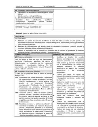 Viernes 26 de mayo de 2006                     DIARIO OFICIAL                          (Segunda Sección)    127

4.3. Temas para analizar y reflexionar
●     La presencia de la mujer en la sociedad y en el mundo
      laboral.
●     Las diversiones a lo largo del tiempo.
●     Del álbum familiar al museo histórico.
  Conceptos       clave:      autoritarismo,        caudillismo,
  corporativismo,    dependencia,        guerrilla,    laicismo,
  presidencialismo, campesino,

HORAS DE TRABAJO SUGERIDAS: 30



 Bloque 5. México en la Era Global (1970-2000)

PROPOSITOS
Que los alumnos:
●    Elaboren una visión de conjunto de México a fines del siglo XX como un país plural y en
     transformación mediante el análisis de los cambios demográficos, las reformas políticas y económicas
     y los movimientos sociales.
●    Analicen las interrelaciones que existen entre los fenómenos económicos, políticos, sociales y
     culturales del país a raíz del proceso de globalización.
●    Valoren la importancia de la participación ciudadana en la solución de problemas de deterioro
     ambiental, pobreza, desigualdades sociales y atraso tecnológico.
TEMAS Y SUBTEMAS                                                   APRENDIZAJES ESPERADOS
5.1. Panorama del periodo                                          ●   Identificar la duración del periodo.
Perfil de México a fines del siglo XX. Reorientación                   Ordenar cronológicamente y establecer
económica. Petrolización, abandono del campo y                         relaciones causales y de simultaneidad
endeudamiento. La emigración de los mexicanos.                         entre sucesos y procesos relacionados
Marginación y reivindicación indígena. Fin del                         con el establecimiento del modelo de
unipartidismo. La transformación cultural. Expansión                   desarrollo     neoliberal,     la  transición
urbana y deterioro ambiental.                                          democrática en México, los cambios
                                                                       demográficos        y      los    problemas
5.2. Temas para comprender el periodo
                                                                       ambientales.
¿Cuáles son los principales retos de México al principio
                                                                   ●   Explicar con ayuda de mapas los
del siglo XXI?
                                                                       procesos de migración, expansión urbana
5.2.1. Agotamiento del modelo económico. Limitaciones                  y desigualdad económica y social entre
        del proteccionismo y rezago tecnológico y agrícola.            las regiones.
        Inflación, devaluaciones y deuda externa. La
                                                                   ●   Explicar la relación que existe entre las
        presión     de     los    organismos      financieros
                                                                       protestas sociales y los cambios en
        internacionales. Petrolización de la economía.
                                                                       materia política y económica.
        Privatización de empresas. Estatización y
                                                                   ●   Explicar las principales causas y
        desnacionalización de la banca. Nuevas políticas
                                                                       consecuencias         políticas,    sociales,
        económicas: el neoliberalismo.
                                                                       económicas y culturales del proceso de
5.2.2. Transición política. Límites del sistema político:
                                                                       globalización y de la migración.
        protestas sociales y guerrillas. Los tecnócratas en
                                                                   ●   Utilizar los conceptos clave para
        el gobierno. Reforma electoral. El papel de los
                                                                       caracterizar sucesos y procesos del
        partidos políticos. La rebelión zapatista. El fin del
        unipartidismo y el triunfo de la oposición. El reto de         periodo.
        la democracia.                                             ●   Explicar las implicaciones que la
5.2.3. Realidades sociales. La política de población, el               globalización tiene para la cultura nacional
        control de la natalidad y la migración. Expansión              y la influencia de los medios masivos de
        urbana y marginación. Reformas a la propiedad                  comunicación en la difusión de la cultura.
        ejidal. Masificación de la educación y servicios de        ●   Explicar las causas de las catástrofes
        salud. Movimientos de participación ciudadana y                ambientales en México y evaluar su
        de derechos humanos. Respuestas al sismo de                    impacto tanto en las zonas rurales como
        1985. La desigualdad económica y social.                       urbanas.
 