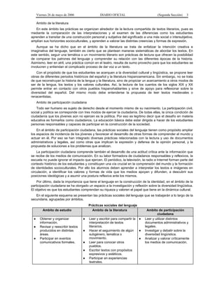 Viernes 26 de mayo de 2006                 DIARIO OFICIAL                           (Segunda Sección)    3

     Ambito de la literatura
   En este ámbito las prácticas se organizan alrededor de la lectura compartida de textos literarios, pues es
mediante la comparación de las interpretaciones y el examen de las diferencias como los estudiantes
aprenden a transitar de una construcción personal y subjetiva del significado a una más social o intersubjetiva;
amplían sus horizontes socioculturales, y aprenden a valorar las distintas creencias y formas de expresión.
    Aunque se ha dicho que en el ámbito de la literatura se trata de enfatizar la intención creativa e
imaginativa del lenguaje, también es cierto que se plantean maneras sistemáticas de abordar los textos. En
este sentido, seguir una temática o un movimiento literario son prácticas de lectura que ofrecen la posibilidad
de comparar los patrones del lenguaje y comprender su relación con las diferentes épocas de la historia.
Asimismo, leer en atril, una práctica común en el teatro, resulta de sumo provecho para que los estudiantes se
involucren y entiendan el complicado proceso de dar voz a un texto.
    Con el propósito de que los estudiantes se acerquen a la diversidad cultural y lingüística, se propone leer
obras de diferentes periodos históricos del español y la literatura hispanoamericana. Sin embargo, no se trata
de que reconstruyan la historia de la lengua y la literatura, sino de propiciar un acercamiento a otros modos de
ser de la lengua, los textos y los valores culturales. Así, la lectura de los cuentos de los siglos XIX y XX
permite entrar en contacto con otros pueblos hispanohablantes y sirve de apoyo para reflexionar sobre la
diversidad del español. Del mismo modo debe entenderse la propuesta de leer textos medievales o
renacentistas.
     Ambito de participación ciudadana
    Todo ser humano es sujeto de derecho desde el momento mismo de su nacimiento. La participación civil,
social y política se corresponde con tres modos de ejercer la ciudadanía. De todas ellas, la única condición de
ciudadanía que los jóvenes aún no ejercen es la política. Por eso es legítimo decir que el desafío en materia
educativa es formarlos como ciudadanos. La educación básica debe estar dirigida a hacer de los estudiantes
personas responsables y capaces de participar en la construcción de la sociedad.
    En el ámbito de participación ciudadana, las prácticas sociales del lenguaje tienen como propósito ampliar
los espacios de incidencia de los jóvenes y favorecer el desarrollo de otras formas de comprender el mundo y
actuar en él. Por eso se han integrado diversas prácticas relacionadas con la lectura y uso de documentos
administrativos y legales, así como otras que implican la expresión y defensa de la opinión personal, y la
propuesta de soluciones a los problemas que analizan.
    La participación ciudadana comprende también el desarrollo de una actitud crítica ante la información que
se recibe de los medios de comunicación. En su labor formadora de ciudadanos responsables y reflexivos, la
escuela no puede ignorar el impacto que ejercen. El periódico, la televisión, la radio e Internet forman parte del
contexto histórico de los estudiantes y constituyen una vía crucial en la comprensión del mundo y la formación
de identidades socioculturales. Por ello los alumnos deben aprender a interpretar los textos e imágenes en
circulación, a identificar los valores y formas de vida que los medios apoyan y difunden, a descubrir sus
posiciones ideológicas y a asumir una postura reflexiva ante los mismos.
    Por último, dada la importancia que tiene el lenguaje en la construcción de la identidad, en el ámbito de la
participación ciudadana se ha otorgado un espacio a la investigación y reflexión sobre la diversidad lingüística.
El objetivo es que los estudiantes comprendan su riqueza y valoren el papel que tiene en la dinámica cultural.
   En el siguiente esquema se presentan las prácticas sociales del lenguaje que se trabajarán a lo largo de la
secundaria, agrupadas por ámbitos.
                                         Prácticas sociales del lenguaje
         Ambito de estudio                 Ambito de la literatura                Ambito de participación
                                                                                          ciudadana
 ●     Obtener y organizar           ●   Leer y escribir para compartir la   ●   Leer y utilizar distintos
       información.                      interpretación de textos                documentos administrativos y
 ●     Revisar y reescribir textos       literarios.                             legales.
       producidos en distintas       ●   Hacer el seguimiento de algún       ●   Investigar y debatir sobre la
       áreas.                            subgénero, temática o                   diversidad lingüística.
 ●     Participar en eventos             movimiento.                         ●   Analizar y valorar críticamente
       comunicativos formales.       ●   Leer para conocer otros                 los medios de comunicación.
                                         pueblos.
                                     ●   Escribir textos con propósitos
                                         expresivos y estéticos.
                                     ●   Participar en experiencias
                                         teatrales.
 