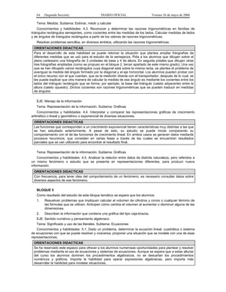 64   (Segunda Sección)                      DIARIO OFICIAL                      Viernes 26 de mayo de 2006

   Tema: Medida. Subtema: Estimar, medir y calcular
    Conocimientos y habilidades: 4.3. Reconocer y determinar las razones trigonométricas en familias de
triángulos rectángulos semejantes, como cocientes entre las medidas de los lados. Calcular medidas de lados
y de ángulos de triángulos rectángulos a partir de los valores de razones trigonométricas.
   Resolver problemas sencillos, en diversos ámbitos, utilizando las razones trigonométricas.
 ORIENTACIONES DIDACTICAS
 Para el desarrollo de esta habilidad se puede retomar la situación que plantea ampliar fotografías de
 diferentes medidas que se usó para el estudio de la semejanza. Pida a los alumnos que dibujen sobre el
 plano cartesiano una fotografía de 3 unidades de base y 4 de altura. En seguida pídales que dibujen otras
 tres fotografías ampliadas (como se propuso en el bloque 2, tercer apartado de este mismo grado). Una vez
 que se han dibujado varios rectángulos cuya diagonal está sobre la misma recta, se plantea el problema de
 averiguar la medida del ángulo formado por la diagonal y el eje horizontal. Los alumnos pueden probar con
 el único recurso con el que cuentan, que es la medición directa con el transportador, después de lo cual, se
 les puede explicar que otra manera de calcular la medida de ese ángulo es mediante los cocientes entre los
 lados del triángulo rectángulo que se forma; por ejemplo, la base del triángulo (cateto adyacente) entre la
 altura (cateto opuesto). Dichos cocientes son razones trigonométricas que se pueden traducir en medidas
 de ángulos.


   EJE: Manejo de la información
   Tema: Representación de la información. Subtema: Gráficas
    Conocimientos y habilidades: 4.4. Interpretar y comparar las representaciones gráficas de crecimiento
aritmético o lineal y geométrico o exponencial de diversas situaciones.
 ORIENTACIONES DIDACTICAS
 Las funciones que corresponden a un crecimiento exponencial tienen características muy distintas a las que
 se han estudiado anteriormente. A pesar de esto, su estudio se puede iniciar comparando su
 comportamiento con el de las funciones de crecimiento lineal. En ambos casos se generan datos mediante
 procesos recursivos, que consisten en varias fases a través de las cuales se encuentran resultados
 parciales que se van utilizando para encontrar el resultado final.


   Tema: Representación de la información. Subtema: Gráficas
    Conocimientos y habilidades: 4.5. Analizar la relación entre datos de distinta naturaleza, pero referidos a
un mismo fenómeno o estudio que se presenta en representaciones diferentes, para producir nueva
información.
 ORIENTACIONES DIDACTICAS
 Con frecuencia, para tener idea del comportamiento de un fenómeno, es necesario consultar datos sobre
 diversos aspectos de ese fenómeno.

   BLOQUE 5
   Como resultado del estudio de este bloque temático se espera que los alumnos:
   1.    Resuelvan problemas que impliquen calcular el volumen de cilindros y conos o cualquier término de
         las fórmulas que se utilicen. Anticipen cómo cambia el volumen al aumentar o disminuir alguna de las
         dimensiones.
   2.    Describan la información que contiene una gráfica del tipo caja-brazos.
   EJE: Sentido numérico y pensamiento algebraico
   Tema: Significado y uso de las literales. Subtema: Ecuaciones
   Conocimientos y habilidades: 5.1. Dado un problema, determinar la ecuación lineal, cuadrática o sistema
de ecuaciones con que se puede resolver y viceversa, proponer una situación que se modele con una de esas
representaciones.
 ORIENTACIONES DIDACTICAS
 Se ha reservado este espacio para ofrecer a los alumnos numerosas oportunidades para plantear y resolver
 problemas mediante el uso de ecuaciones y sistemas de ecuaciones. Aunque se espera que a estas alturas
 del curso los alumnos dominen los procedimientos algebraicos, no se descartan los procedimientos
 numéricos y gráficos. Importa la habilidad para operar expresiones algebraicas, pero importa más
 desarrollar la habilidad para modelar situaciones.
 