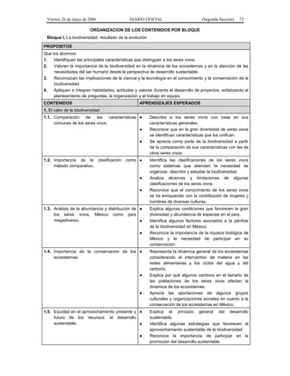 Viernes 26 de mayo de 2006                    DIARIO OFICIAL                      (Segunda Sección)   73

                         ORGANIZACION DE LOS CONTENIDOS POR BLOQUE
 Bloque I. La biodiversidad: resultado de la evolución

PROPOSITOS
Que los alumnos:
1.   Identifiquen las principales características que distinguen a los seres vivos.
2.   Valoren la importancia de la biodiversidad en la dinámica de los ecosistemas y en la atención de las
     necesidades del ser humano desde la perspectiva de desarrollo sustentable.
3.   Reconozcan las implicaciones de la ciencia y la tecnología en el conocimiento y la conservación de la
     biodiversidad.
4.   Apliquen e integren habilidades, actitudes y valores durante el desarrollo de proyectos, enfatizando el
     planteamiento de preguntas, la organización y el trabajo en equipo.
CONTENIDOS                                         APRENDIZAJES ESPERADOS
1. El valor de la biodiversidad
1.1. Comparación    de    las    características ●       Describe a los seres vivos con base en sus
     comunes de los seres vivos.                         características generales.
                                                 ●       Reconoce que en la gran diversidad de seres vivos
                                                         se identifican características que los unifican.
                                                   ●     Se aprecia como parte de la biodiversidad a partir
                                                         de la comparación de sus características con las de
                                                         otros seres vivos.
1.2. Importancia de la        clasificación   como ●     Identifica las clasificaciones de los seres vivos
     método comparativo.                                 como sistemas que atienden la necesidad de
                                                         organizar, describir y estudiar la biodiversidad.
                                                   ●     Analiza alcances y limitaciones de algunas
                                                         clasificaciones de los seres vivos.
                                                   ●     Reconoce que el conocimiento de los seres vivos
                                                         se ha enriquecido con la contribución de mujeres y
                                                         hombres de diversas culturas.
1.3. Análisis de la abundancia y distribución de ●       Explica algunas condiciones que favorecen la gran
     los seres vivos. México como país                   diversidad y abundancia de especies en el país.
     megadiverso.                                ●       Identifica algunos factores asociados a la pérdida
                                                         de la biodiversidad en México.
                                                   ●     Reconoce la importancia de la riqueza biológica de
                                                         México y la necesidad de participar en su
                                                         conservación.
1.4. Importancia de la conservación de los ●             Representa la dinámica general de los ecosistemas
     ecosistemas.                                        considerando el intercambio de materia en las
                                                         redes alimentarias y los ciclos del agua y del
                                                         carbono.
                                                   ●     Explica por qué algunos cambios en el tamaño de
                                                         las poblaciones de los seres vivos afectan la
                                                         dinámica de los ecosistemas.
                                                   ●     Aprecia las aportaciones de algunos grupos
                                                         culturales y organizaciones sociales en cuanto a la
                                                         conservación de los ecosistemas en México.
1.5. Equidad en el aprovechamiento presente y ●          Explica el principio general del desarrollo
     futuro de los recursos: el desarrollo               sustentable.
     sustentable.                             ●          Identifica algunas estrategias que favorecen el
                                                         aprovechamiento sustentable de la biodiversidad.
                                                   ●     Reconoce la importancia de participar en la
                                                         promoción del desarrollo sustentable.
 
