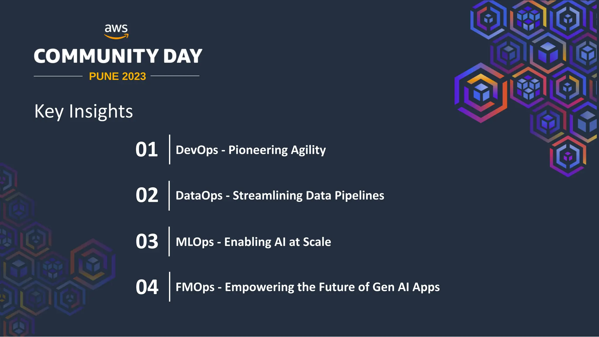 PUNE 2023
DevOps - Pioneering Agility
DataOps - Streamlining Data Pipelines
01
02
03 MLOps - Enabling AI at Scale
04 FMOps - Empowering the Future of Gen AI Apps
Key Insights
 