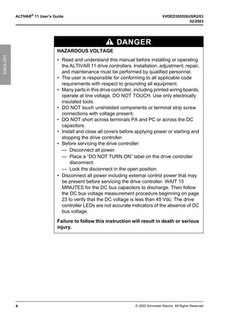 VVDED302026USR2/03 ALTIVAR® 11 User’s Guide
02/2003 Table of Contents
© 2003 Schneider Electric All Rights Reserved 5
ENGL...