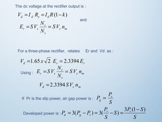 The dc voltage at the rectifier output is : 
V I R I R(1 k) d d e d = = - 
E = SV N = 
r s SV n 
s m 
r 
s 
N 
and 
For a three-phase rectifier, relates Er and Vd as : 
V =1.65 x 2 E = 2.3394 E 
d r r E = SV N r 
Using : = 
SV n 
r s s m 
s 
N 
d s m V = 2.3394 SV n 
P Pr 
g = 
If Pr is the slip power, air gap power is : S 
P P P Pr r 
d g r 
S P S 
= 3( - ) = 3( - ) = 3 (1- ) 
Developed power is : S 
S 
 