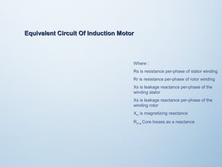 Equivalent Circuit OOff IInndduuccttiioonn MMoottoorr 
Where : 
Rs is resistance per-phase of stator winding 
Rr is resistance per-phase of rotor winding 
Xs is leakage reactance per-phase of the 
winding stator 
Xs is leakage reactance per-phase of the 
winding rotor 
Xm is magnetizing reactance 
Rm is Core losses as a reactance 
 