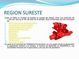 REGION SURESTE
Como lo indica su nombre se localiza al sureste del estado, tiene una extensión de
7.124 km² que es el 9% del total de la entidad. Esta conformada por los municipios
de:
1. CONCEPCIÓN DE BUENOS AIRES
2. JILOTLÁN DE LOS DOLORES
3. LA MANZANILLA DE LA PAZ
4. SANTA MARÍA DEL ORO
5. MAZAMITLA
6. PIHUAMO
7. QUITUPAN
8. TAMAZULA DE GORDIANO
9. TECALITLÁN
10. VALLE DE JUÁREZ
Su sede es el municipio de TAMAZULA de Gordiano, es una región donde se desarrollan
la explotación forestal y la minería, el turismo se desarrolla en MAZAMITLA. Las
actividades menores son la agricultura y uno que otro de ganadería.
 