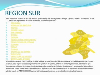 REGION SUR
Esta región se localiza al sur del estado, justo debajo de las regiones Ciénega, Centro y Valles. Su tamaño es de
5.650 km² equivalente al 5% de la entidad. Sus municipios son:
1. AMACUECA
2. ATEMAJAC DE BRIZUELA
3. ATOYAC
4. GÓMEZ FARÍAS
5. SAN GABRIEL
6. SAYULA
7. TAPALPA
8. TECHALUTA DE MONTENEGRO
9. TEOCUITATLÁN DE CORONA
10. TOLIMÁN
11. TONILA
12. TUXPAN
13. ZACOALCO DE TORRES
14. ZAPOTILTIC
15. ZAPOTITLÁN DE VADILLO
16. ZAPOTLÁN EL GRANDE
El municipio sede es ZAPOTLAN el Grande aunque es más conocido por el nombre de su cabecera municipal Ciudad
Guzmán, esta región se destaca por el nevado y Volcán de Colima, ambos en territorio jalisciense, además de que
tiene sierras cubiertas de bosque donde se desarrollan todas las actividades de alpinismo y una que otra laguna llena
en el norte. En los valles del sur se desarrolla la agricultura, en las zonas boscosas se desarrolla la industria maderera
y la del papel, en ATENQUIQUE hay una fabrica de papel, además se practica la minería y la artesanía.
 