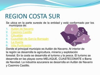 REGION COSTA SUR
Se ubica en la parte sureste de la entidad y está conformado por los
municipios de:
1. Autlán de Navarro
2. Casimiro Castillo
3. Cihuatlán
4. Cuautitlán de García Barragán
5. La Huerta
6. Villa Purificación
Donde el principal municipio es Autlán de Navarro. Al interior de
la región se desarrolla la agricultura, minería y explotación
forestal. En la costa se desarrolla el turismo y la pesca. El turismo se
desarrolla en las playas como MELAQUE, CUASTECOMATE o Barra
de Navidad. La industria azucarera se desarrolla en Autlán de Navarro
y Casimiro Castillo.
 