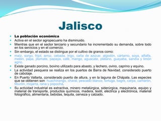 Jalisco
 La población económica
 Activa en el sector agropecuario ha disminuido.
 Mientras que en el sector terciario y secundario ha incrementado su demanda, sobre todo
en los servicios y en el comercio.
 Sin embargo, el estado se distingue por el cultivo de granos como:
 maíz, sorgo, frijol, arroz, cebada, trigo, caña de azúcar, algodón, cártamo, soya, alfalfa,
melón, papa, jitomate, papaya, café, mango, aguacate, plátano, guayaba, sandía y limón
agrio.
 Existe ganado porcino, bovino utilizado para abasto, y lechero, ovino, caprino y equino.
 La actividad pesquera se realiza en los puertos de Barra de Navidad, considerado puerto
de cabotaje.
 En Puerto Vallarta, considerado puerto de altura, y en la laguna de Chápala. Las especies
que se obtienen son: huachinango, charal, pescado blanco, tortuga, bagre, carpa, camarón,
tiburón, mojarra, rana y popocha.
 Su actividad industrial es extractiva, minero metalúrgica, siderúrgica, maquinaria, equipo y
material de transporte, productos químicos, madera, textil, eléctrica y electrónica, material
fotográfico, alimentaria, bebidas, tequila, cerveza y calzado.
 