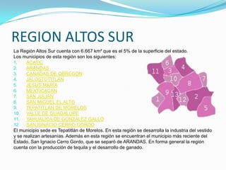 REGION ALTOS SUR
La Región Altos Sur cuenta con 6.667 km² que es el 5% de la superficie del estado.
Los municipios de esta región son los siguientes:
1. ACATIC
2. ARANDAS
3. CAÑADAS DE OBREGÓN
4. JALOSTOTITLÁN
5. JESÚS MARÍA
6. MEXTICACÁN
7. SAN JULIÁN
8. SAN MIGUEL EL ALTO
9. TEPATITLÁN DE MORELOS
10. VALLE DE GUADALUPE
11. YAHUALICA DE GONZÁLEZ GALLO
12. SAN IGNACIO CERRO GORDO
El municipio sede es Tepatitlán de Morelos. En esta región se desarrolla la industria del vestido
y se realizan artesanías. Además en esta región se encuentran el municipio más reciente del
Estado, San Ignacio Cerro Gordo, que se separó de ARANDAS. En forma general la región
cuenta con la producción de tequila y el desarrollo de ganado.
 
