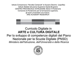 Istituto Comprensivo “Novella Cantarutti” di Azzano Decimo (capofila)
Istituto Statale Istruzione Superiore Sacile Brugnera
CENTRO PROVINCIALE ISTRUZIONE ADULTI Pordenone
Consorzio di Pordenone per la formazione superiore,
gli studi universitari e la ricerca.
ARS ACADEMY RESEARCH
Curricolo Digitale in
ARTE e CULTURA DIGITALE
Per lo sviluppo di competenze digitali del Piano
Nazionale per la Scuola Digitale (PNSD)
Ministero dell'Istruzione, dell'Università e della Ricerca
 