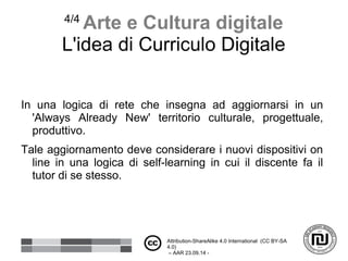 4/4
Arte e Cultura digitale
L'idea di Curriculo Digitale
In una logica di rete che insegna ad aggiornarsi in un
'Always Al...