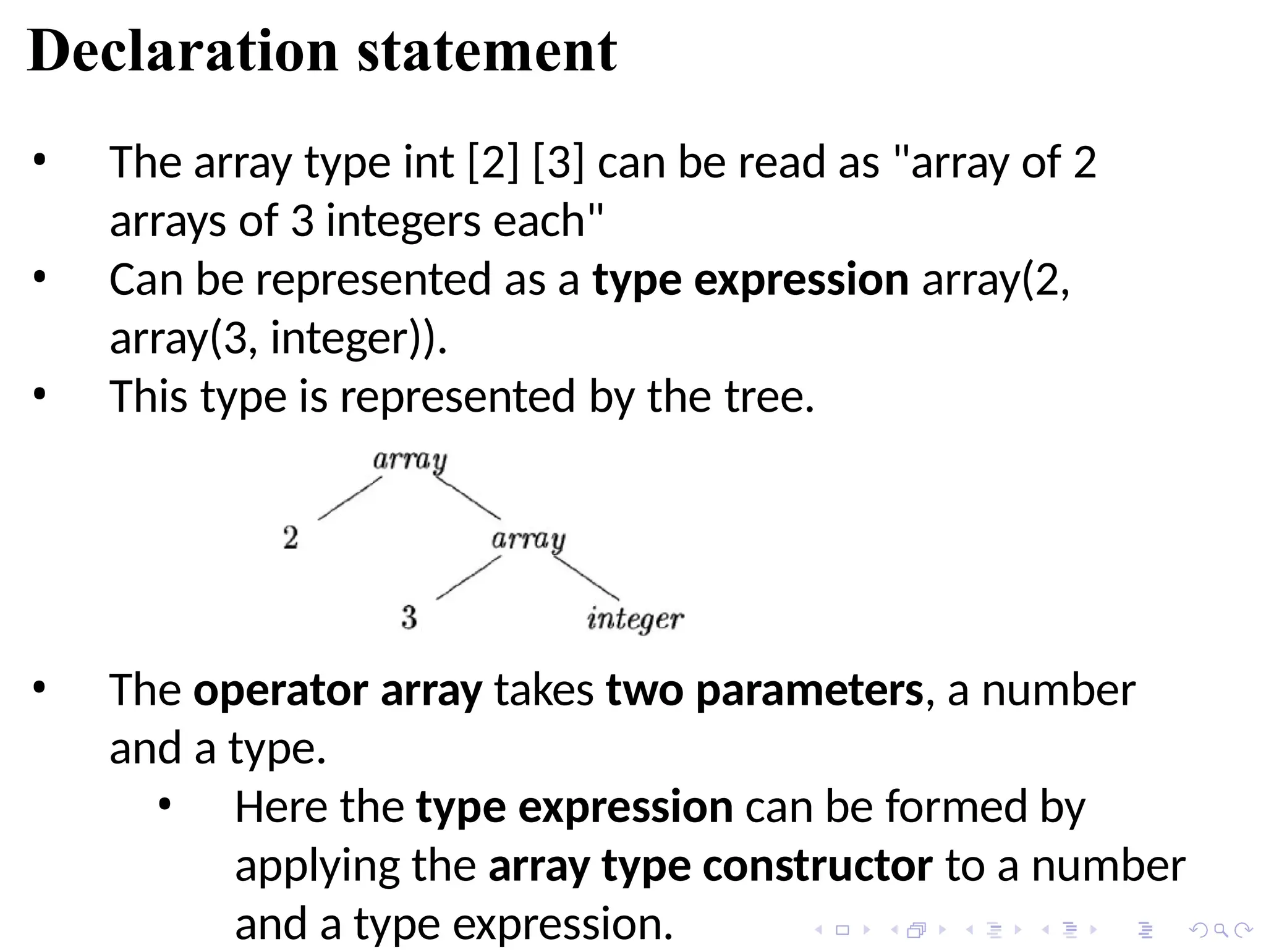 Declaration statement
• The array type int [2] [3] can be read as "array of 2
arrays of 3 integers each"
• Can be represented as a type expression array(2,
array(3, integer)).
• This type is represented by the tree.
• The operator array takes two parameters, a number
and a type.
• Here the type expression can be formed by
applying the array type constructor to a number
and a type expression.
 