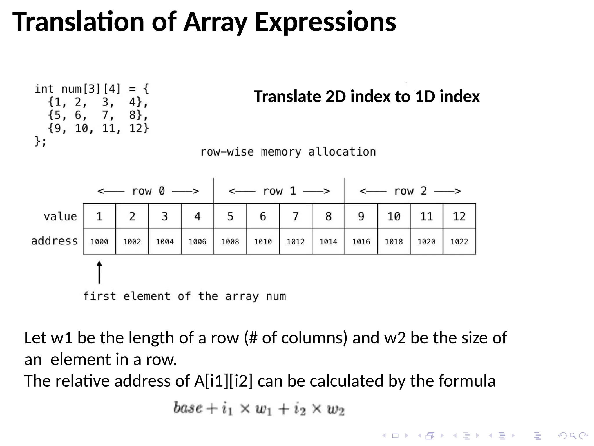 Translation of Array Expressions
Let w1 be the length of a row (# of columns) and w2 be the size of
an element in a row.
The relative address of A[i1][i2] can be calculated by the formula
Translate 2D index to 1D index
 
