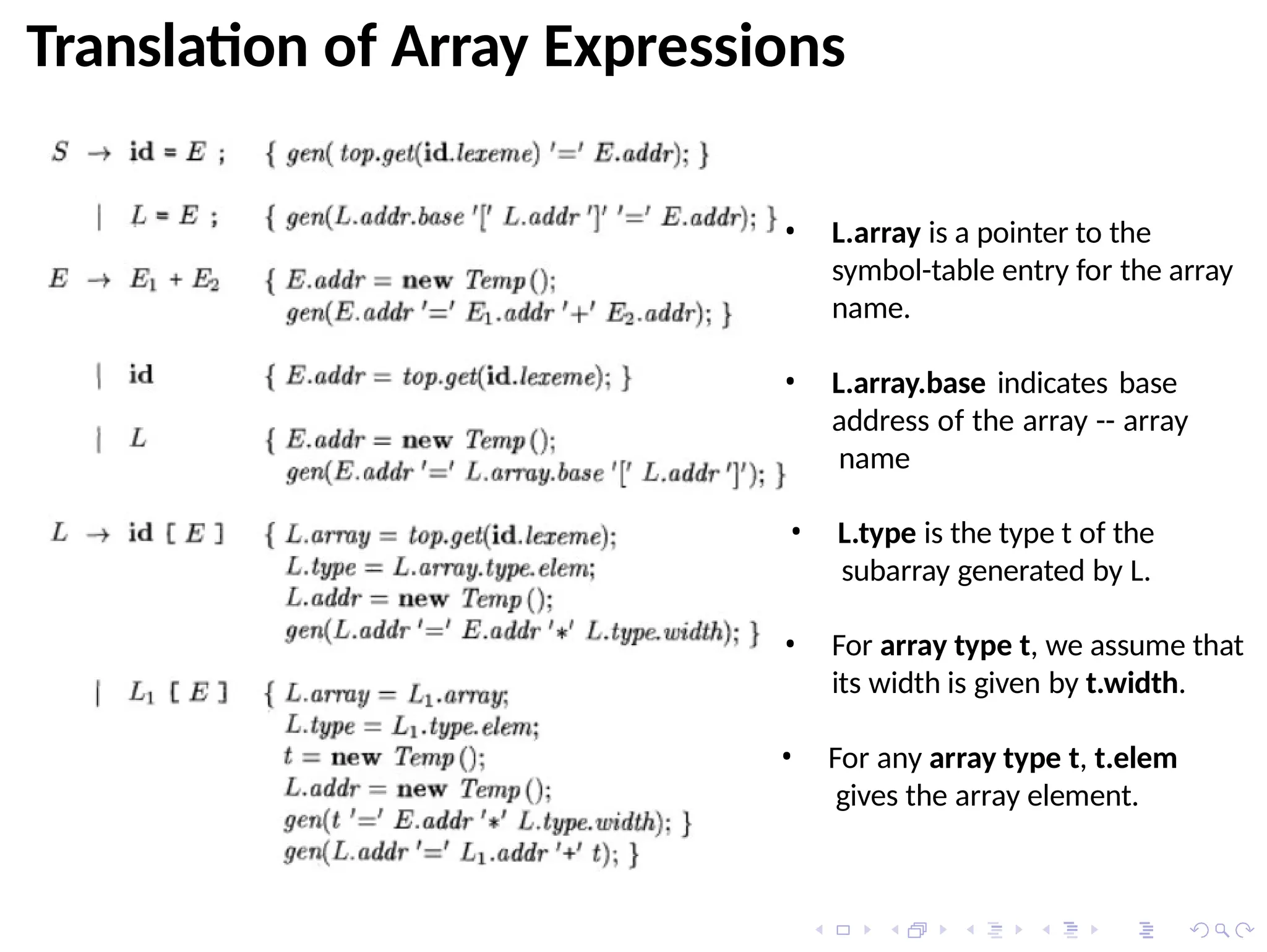 Translation of Array Expressions
• L.array is a pointer to the
symbol-table entry for the array
name.
• L.array.base indicates base
address of the array -- array
name
• L.type is the type t of the
subarray generated by L.
• For array type t, we assume that
its width is given by t.width.
• For any array type t, t.elem
gives the array element.
 