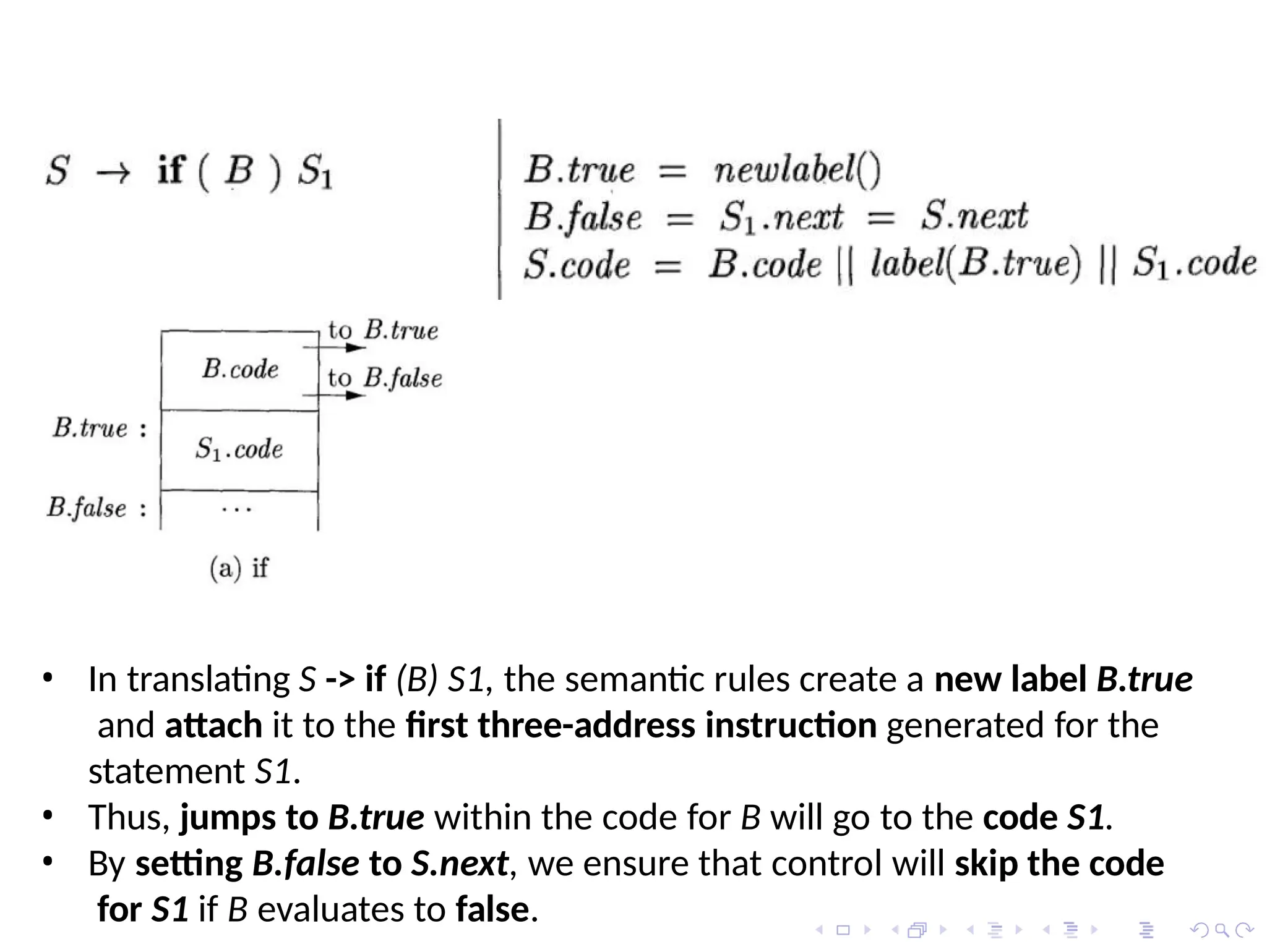 • In translating S -> if (B) S1, the semantic rules create a new label B.true
and attach it to the first three-address instruction generated for the
statement S1.
• Thus, jumps to B.true within the code for B will go to the code S1.
• By setting B.false to S.next, we ensure that control will skip the code
for S1 if B evaluates to false.
 