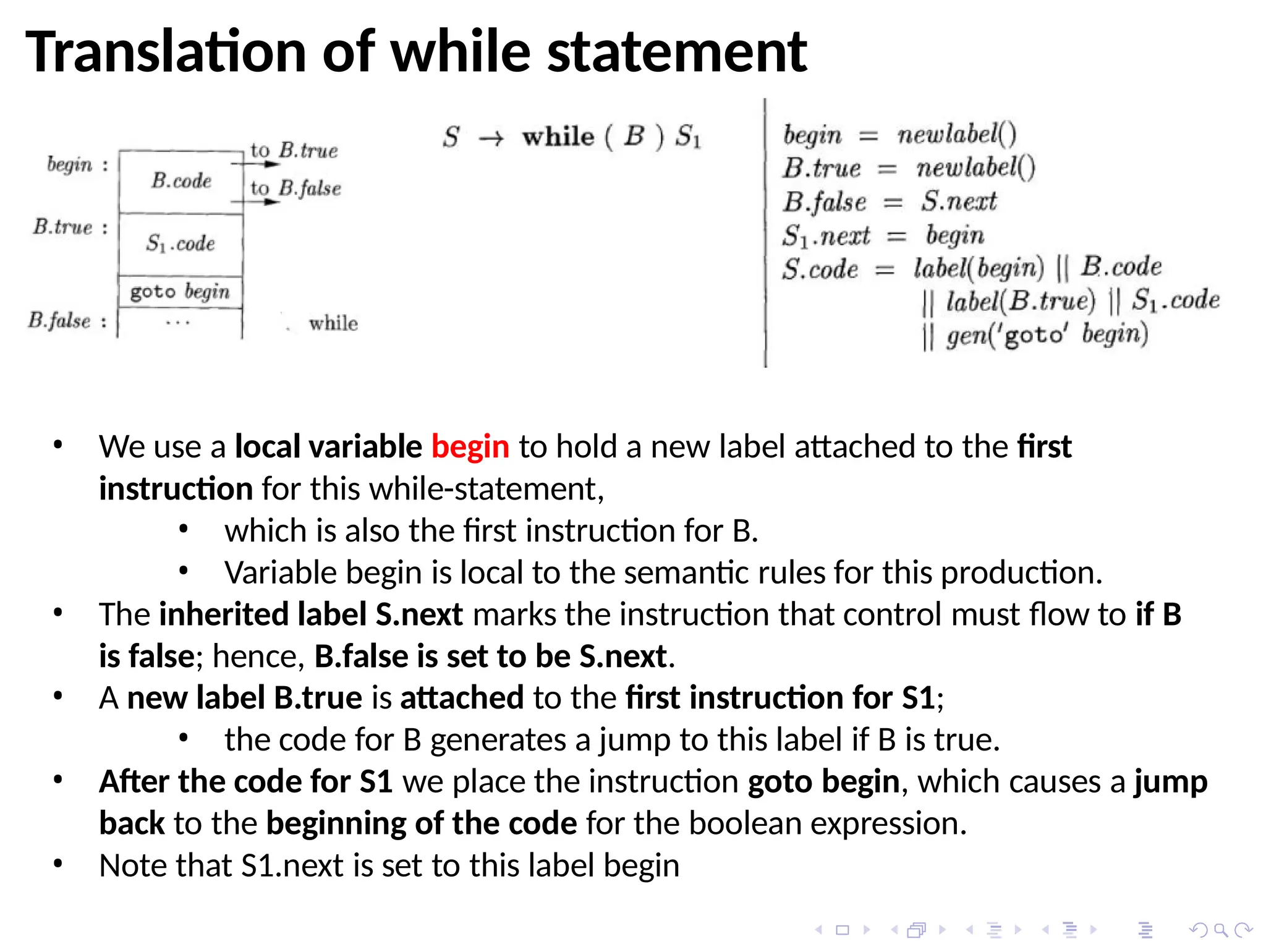 Translation of while statement
• We use a local variable begin to hold a new label attached to the first
instruction for this while-statement,
• which is also the first instruction for B.
• Variable begin is local to the semantic rules for this production.
• The inherited label S.next marks the instruction that control must flow to if B
is false; hence, B.false is set to be S.next.
• A new label B.true is attached to the first instruction for S1;
• the code for B generates a jump to this label if B is true.
• After the code for S1 we place the instruction goto begin, which causes a jump
back to the beginning of the code for the boolean expression.
• Note that S1.next is set to this label begin
 