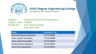 Subject:- Advance Construction Equipments
Subject code:- 2160601
Guided by:- Prof. Nafisha Shaikh
Prof. Mihir Naik
Name Enrollment No.
Deshmukh Bhavik Hasmukhlal 151103106002
Kotila Jayveer Vanrajbhai 151103106008
Mistry Aditya Pramodbhai 151103106009
Pandya Dhrumil Dipakbhai 151103106010
Patel Nirmal Dalpatbhai 151103106012
 