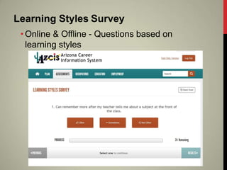 Learning Styles Survey
• Online & Offline - Questions based on
learning styles
 
