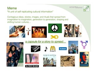 Meme
“A unit of self replicating cultural information”
  
Contagious ideas, stories, images, and rituals that spread from
imagination to imagination, generation to generation, shaping and
shifting human cultures…




                   a capsule for a story to spread…
 