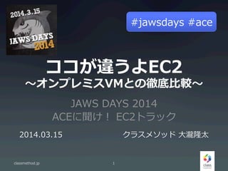 JAWS  DAYS  2014
ACEに聞け！  EC2トラック
classmethod.jp 1
2014.03.15 クラスメソッド  ⼤大瀧隆太
ココが違うよEC2
〜～オンプレミスVMとの徹底⽐比較〜～
#jawsdays  #ace
 