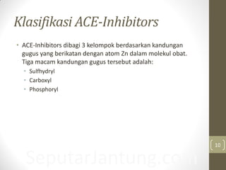 Klasifikasi ACE-Inhibitors
• ACE-Inhibitors dibagi 3 kelompok berdasarkan kandungan
gugus yang berikatan dengan atom Zn dalam molekul obat.
Tiga macam kandungan gugus tersebut adalah:
• Sulfhydryl
• Carboxyl
• Phosphoryl
SeputarJantung.com
10
 
