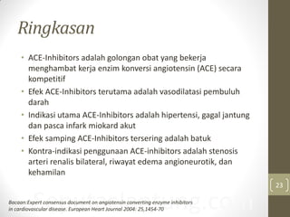 Ringkasan
• ACE-Inhibitors adalah golongan obat yang bekerja
menghambat kerja enzim konversi angiotensin (ACE) secara
kompetitif
• Efek ACE-Inhibitors terutama adalah vasodilatasi pembuluh
darah
• Indikasi utama ACE-Inhibitors adalah hipertensi, gagal jantung
dan pasca infark miokard akut
• Efek samping ACE-Inhibitors tersering adalah batuk
• Kontra-indikasi penggunaan ACE-inhibitors adalah stenosis
arteri renalis bilateral, riwayat edema angioneurotik, dan
kehamilan
SeputarJantung.comBacaan:Expert consensus document on angiotensin converting enzyme inhibitors
in cardiovascular disease. European Heart Journal 2004: 25,1454-70
23
 