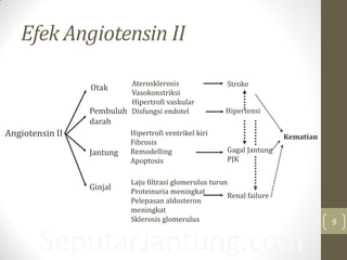 SeputarJantung.com
Laju filtrasi glomerulus turun
Proteinuria meningkat
Pelepasan aldosteron
meningkat
Sklerosis glomerulus
Angiotensin II
Aterosklerosis
Vasokonstriksi
Hipertrofi vaskular
Disfungsi endotel
Hipertrofi ventrikel kiri
Fibrosis
Remodelling
Apoptosis
Stroke
Kematian
Hipertensi
Gagal Jantung
PJK
Renal failure
Otak
Pembuluh
darah
Jantung
Ginjal
Efek Angiotensin II
9
 