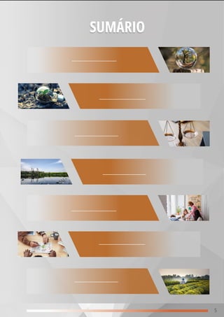 SUMÁRIO
5
TÓPICO 1
Histórico do Meio Ambiente
e Conceito de Sustentabilidade
TÓPICO 2
Desenvolvimento Sustentável
TÓPICO 3
Legislação Ambiental
TÓPICO 4
Saneamento Básico
TÓPICO 7
O Impacto do Uso dos Agrotóxicos na
Saúde Humana e Agronegócio Sustentável
TÓPICO 6
Sustentabilidade Empresarial,
Produção Mais Limpa (P+L) e Economia Circular
TÓPICO 5
Educação Ambiental e Cidadania
 