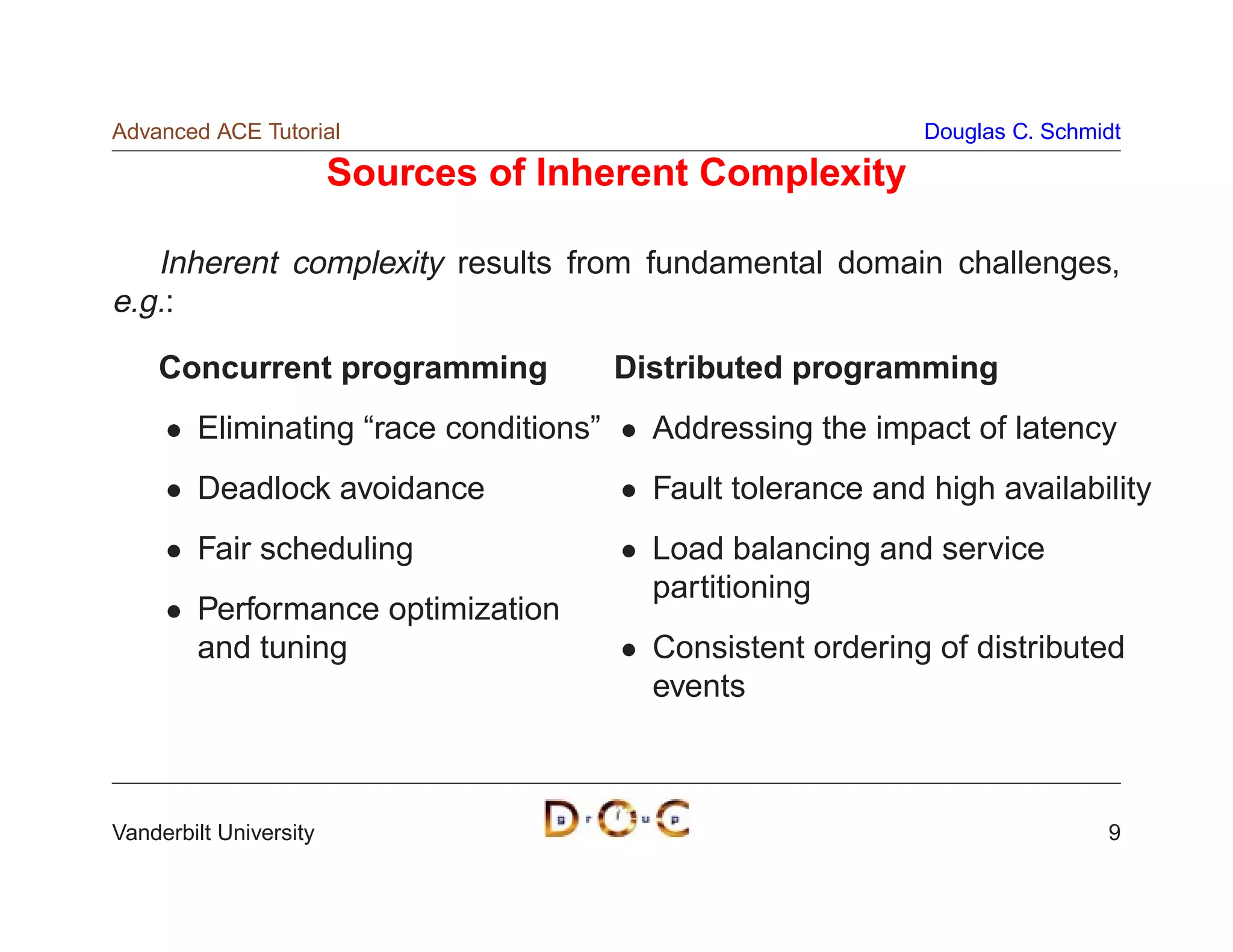 Advanced ACE Tutorial                                         Douglas C. Schmidt

                        Sources of Inherent Complexity

   Inherent complexity results from fundamental domain challenges,
e.g.:

    Concurrent programming              Distributed programming
        Eliminating “race conditions”     Addressing the impact of latency
        Deadlock avoidance                Fault tolerance and high availability
        Fair scheduling                   Load balancing and service
                                          partitioning
        Performance optimization
        and tuning                        Consistent ordering of distributed
                                          events



Vanderbilt University                                                         9
 