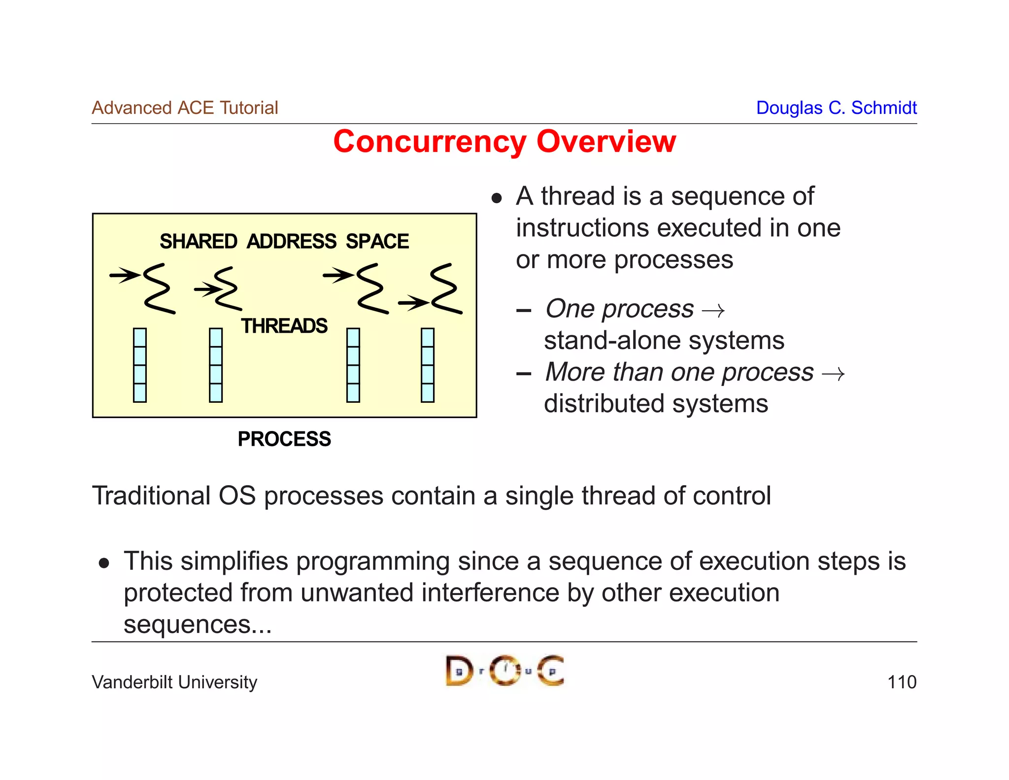Advanced ACE Tutorial                                     Douglas C. Schmidt

                            Concurrency Overview
                                      A thread is a sequence of
        SHARED ADDRESS SPACE
                                      instructions executed in one
                                      or more processes
                                      – One process !
                  THREADS
                                        stand-alone systems
                                      – More than one process !
                                        distributed systems
                  PROCESS

Traditional OS processes contain a single thread of control

    This simpliﬁes programming since a sequence of execution steps is
    protected from unwanted interference by other execution
    sequences...

Vanderbilt University                                                   110
 