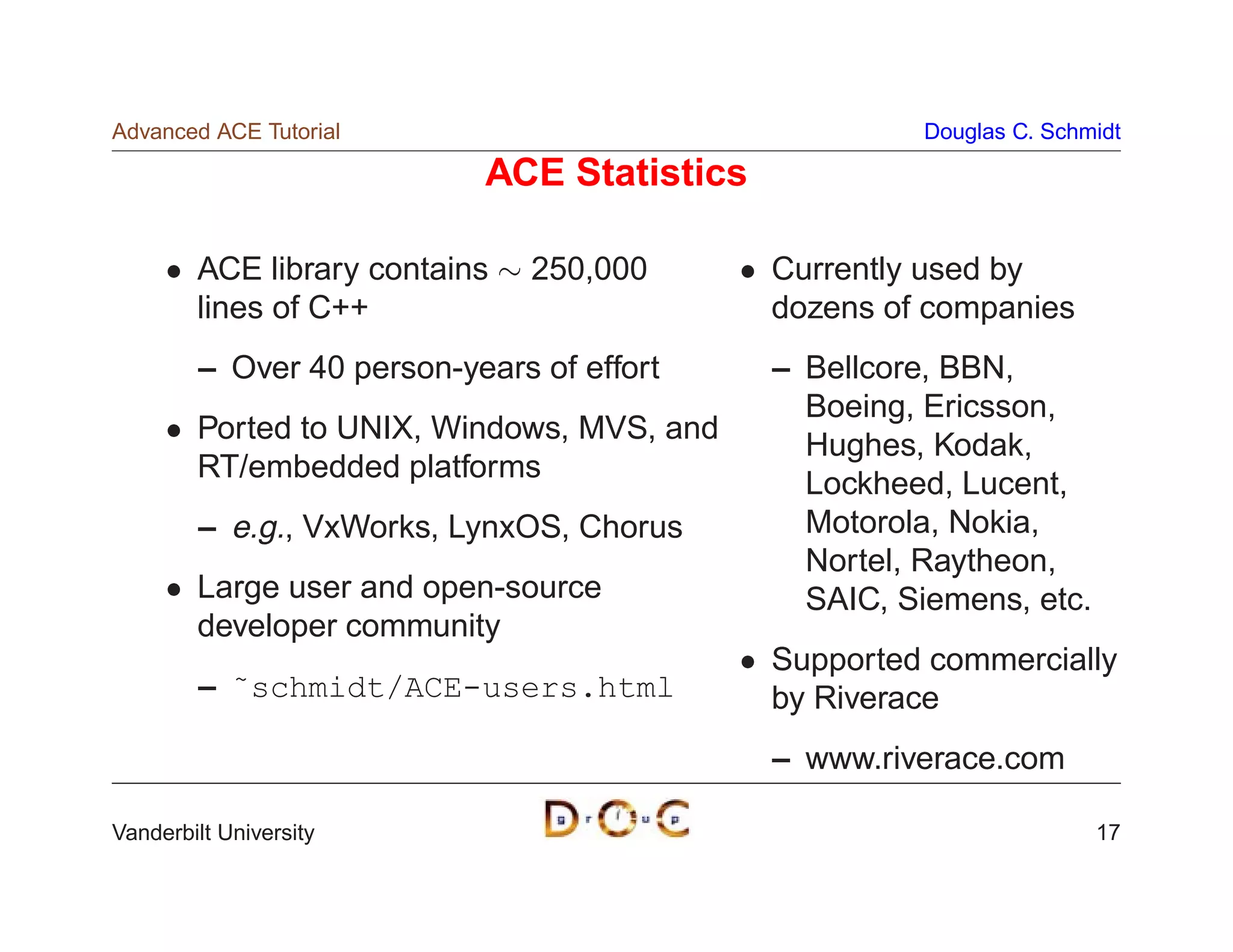 Advanced ACE Tutorial                                Douglas C. Schmidt

                           ACE Statistics

        ACE library contains  250,000      Currently used by
        lines of C++                        dozens of companies
        – Over 40 person-years of effort    – Bellcore, BBN,
                                              Boeing, Ericsson,
        Ported to UNIX, Windows, MVS, and
                                              Hughes, Kodak,
        RT/embedded platforms
                                              Lockheed, Lucent,
        – e.g., VxWorks, LynxOS, Chorus       Motorola, Nokia,
                                              Nortel, Raytheon,
        Large user and open-source            SAIC, Siemens, etc.
        developer community
                                            Supported commercially
        – ˜schmidt/ACE-users.html           by Riverace
                                            – www.riverace.com

Vanderbilt University                                               17
 