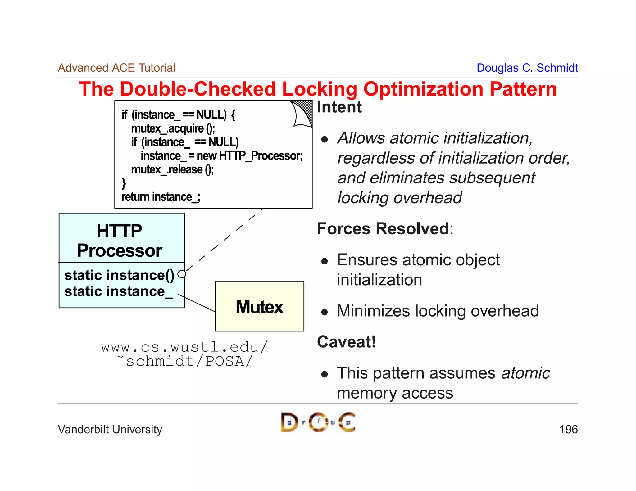 Advanced ACE Tutorial                                                     Douglas C. Schmidt

    The Double-Checked Locking Optimization Pattern
            if (instance_ == NULL) {                Intent
               mutex_.acquire ();
               if (instance_ == NULL)                 Allows atomic initialization,
                  instance_ = new HTTP_Processor;     regardless of initialization order,
               mutex_.release ();
            }                                         and eliminates subsequent
            return instance_;                         locking overhead

     HTTP                                           Forces Resolved:
   Processor                                          Ensures atomic object
 static instance()                                    initialization
 static instance_
                                   Mutex              Minimizes locking overhead

        www.cs.wustl.edu/                           Caveat!
          ˜schmidt/POSA/
                                                      This pattern assumes atomic
                                                      memory access

Vanderbilt University                                                                   196
 