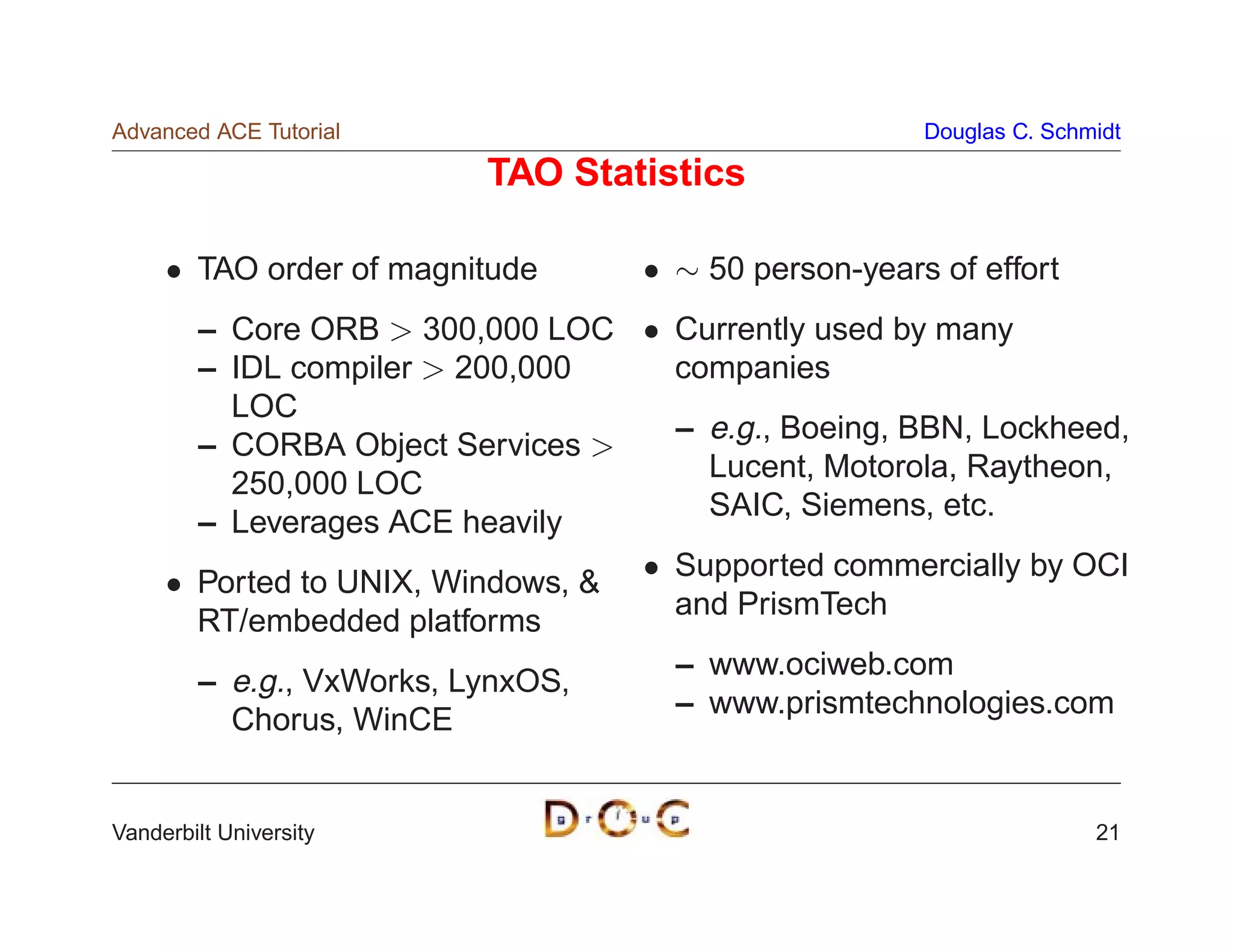 Advanced ACE Tutorial                                 Douglas C. Schmidt

                          TAO Statistics

        TAO order of magnitude        50 person-years of effort
        – Core ORB 300,000 LOC       Currently used by many
        – IDL compiler 200,000       companies
          LOC
                                     – e.g., Boeing, BBN, Lockheed,
        – CORBA Object Services
                                       Lucent, Motorola, Raytheon,
          250,000 LOC
                                       SAIC, Siemens, etc.
        – Leverages ACE heavily
                                     Supported commercially by OCI
        Ported to UNIX, Windows, 
                                     and PrismTech
        RT/embedded platforms
                                     – www.ociweb.com
        – e.g., VxWorks, LynxOS,
                                     – www.prismtechnologies.com
          Chorus, WinCE


Vanderbilt University                                                21
 