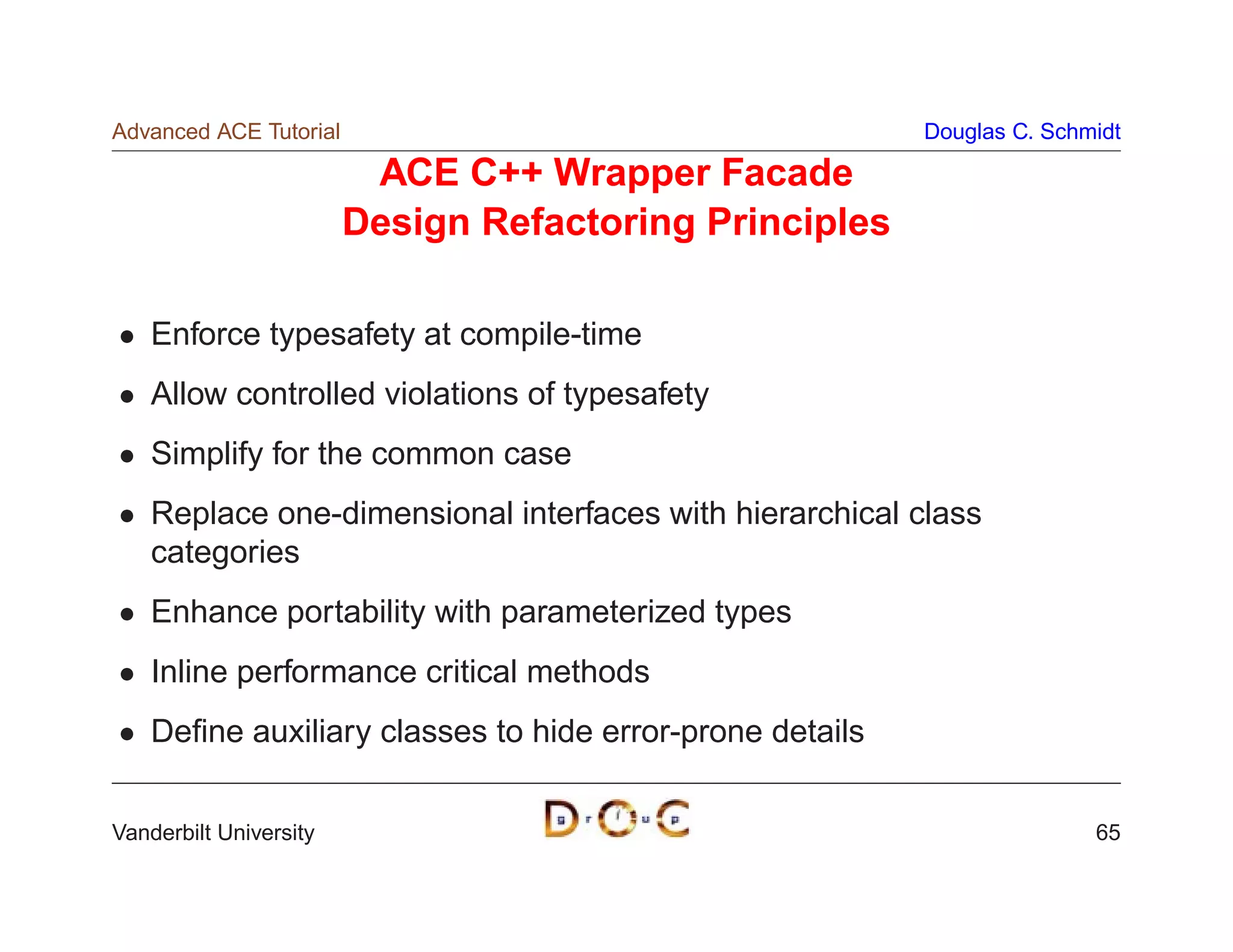 Advanced ACE Tutorial                                     Douglas C. Schmidt

                         ACE C++ Wrapper Facade
                        Design Refactoring Principles

    Enforce typesafety at compile-time
    Allow controlled violations of typesafety
    Simplify for the common case
    Replace one-dimensional interfaces with hierarchical class
    categories
    Enhance portability with parameterized types
    Inline performance critical methods
    Deﬁne auxiliary classes to hide error-prone details


Vanderbilt University                                                    65
 