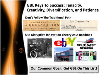 GBL Keys To Success: Tenacity,    
 Creativity, Diversification, and Patience
Don’t Follow The Traditional Path




Use Disruptive Innovation Theory As A Roadmap




   Our Common Goal:  Get GBL On This List!
                                    Property of Saisei Consulting, Inc. 2010
 
