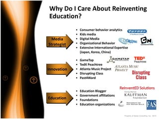 Why Do I Care About Reinventing 
Education?
             •   Consumer behavior analytics
             •   Kids media
 Media       •   Digital Media
Strategist   •   Organizational Behavior
             •   Extensive International Expertise 
                 (Japan, Korea, China)

             •   GameTap
             •   TedX Peachtree
Innovation   •   Atlanta Music Project
             •   Disrupting Class
             •   Past4Ward


             •   Education Blogger
             •   Government affiliations
Education    •   Foundations
             •   Education organizations


                                                Property of Saisei Consulting, Inc. 2010
 