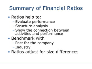Summary of Financial Ratios
• Ratios help to:
– Evaluate performance
– Structure analysis
– Show the connection between
activities and performance
• Benchmark with
– Past for the company
– Industry
• Ratios adjust for size differences
 