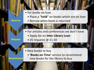 • For books on loan
             • Place a “hold” on books which are on loan
 Reserve     • Borrow when book is returned


           • For articles and conferences we don’t have
             • Apply for an Inter Library Loan
 Request     • 25 requests @ £1.50


          • New books to buy
            • ‘Books on Time' service to recommend
Recommend     new books for the library to buy
 