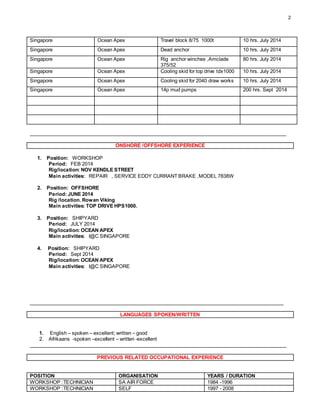 2
Singapore Ocean Apex Travel block 8/75 1000t 10 hrs. July 2014
Singapore Ocean Apex Dead anchor 10 hrs. July 2014
Singapore Ocean Apex Rig anchor winches ,Amclade
375/52
80 hrs. July 2014
Singapore Ocean Apex Cooling skid for top drive tdx1000 10 hrs. July 2014
Singapore Ocean Apex Cooling skid for 2040 draw works 10 hrs. July 2014
Singapore Ocean Apex 14p mud pumps 200 hrs. Sept 2014
_____________________________________________________________________________________________
ONSHORE /OFFSHORE EXPERIENCE
1. Position: WORKSHOP
Period: FEB 2014
Rig/location: NOV KENDLE STREET
Main activities: REPAIR , SERVICE EDDY CURRANT BRAKE .MODEL 7838W
2. Position: OFFSHORE
Period: JUNE 2014
Rig /location. Rowan Viking
Main activities: TOP DRIVE HPS1000.
3. Position: SHIPYARD
Period: JULY 2014
Rig/location: OCEAN APEX
Main activities: I@C SINGAPORE
4. Position: SHIPYARD
Period: Sept 2014
Rig/location: OCEAN APEX
Main activities: I@C SINGAPORE
____________________________________________________________________________________________
LANGUAGES SPOKEN/WRITTEN
1. English – spoken – excellent; written – good
2. Afrikaans -spoken –excellent – written -excellent
_____________________________________________________________________________________________
PREVIOUS RELATED OCCUPATIONAL EXPERIENCE
POSITION ORGANISATION YEARS / DURATION
WORKSHOP :TECHNICIAN SA AIR FORCE 1984 -1996
WORKSHOP :TECHNICIAN SELF 1997 - 2008
 
