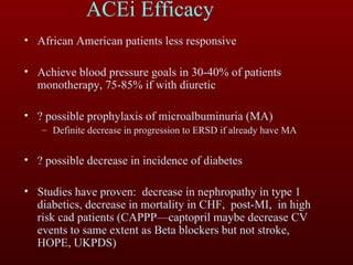 ACEi Efficacy African American patients less responsive Achieve blood pressure goals in 30-40% of patients monotherapy, 75-85% if with diuretic ? possible prophylaxis of microalbuminuria (MA) Definite decrease in progression to ERSD if already have MA ? possible decrease in incidence of diabetes Studies have proven:  decrease in nephropathy in type 1 diabetics, decrease in mortality in CHF,  post-MI,  in high risk cad patients (CAPPP—captopril maybe decrease CV events to same extent as Beta blockers but not stroke, HOPE, UKPDS) 