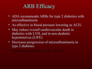 ARB Efficacy ADA recommends ARBs for type 2 diabetics with microalbuminuria As effective in blood pressure lowering as ACEi May reduce overall cardiovascular death in diabetics with LVH, and in non-deabetic hypertensives (LIFE) Decreases progression of microalbuminuria in type 2 diabetics Decreases mortality in CHF (ELITE) 