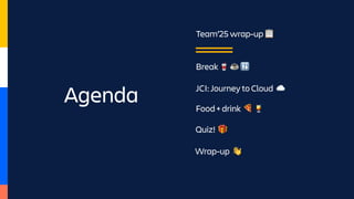 Agenda
Team’25 wrap-up 📋
Break 🥤 ☕ 🚻
Wrap-up 👋
JCI: Journey to Cloud ☁
Food + drink 🍕 🍹
Quiz! 🎁
 