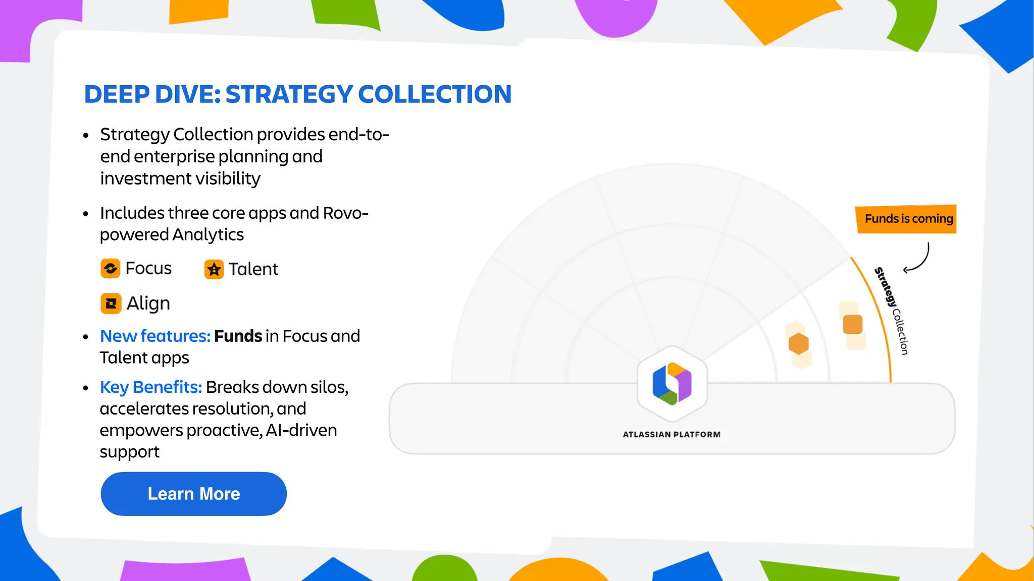 Funds is coming
DEEP DIVE: STRATEGY COLLECTION
• Strategy Collection provides end-to-
end enterprise planning and
investment visibility
• New features: Funds in Focus and
Talent apps
• Includes three core apps and Rovo-
powered Analytics
• Key Benefits: Breaks down silos,
accelerates resolution, and
empowers proactive, AI-driven
support
Learn More
Learn More
 