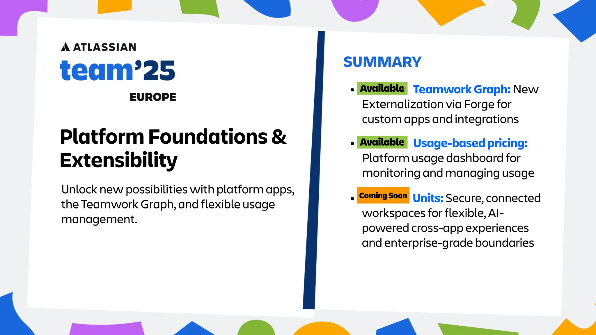 SUMMARY
Platform Foundations &
Extensibility
• Teamwork Graph: New
Externalization via Forge for
custom apps and integrations
• Usage-based pricing:
Platform usage dashboard for
monitoring and managing usage
• Units: Secure, connected
workspaces for flexible, AI-
powered cross-app experiences
and enterprise-grade boundaries
Unlock new possibilities with platform apps,
the Teamwork Graph, and flexible usage
management.
 