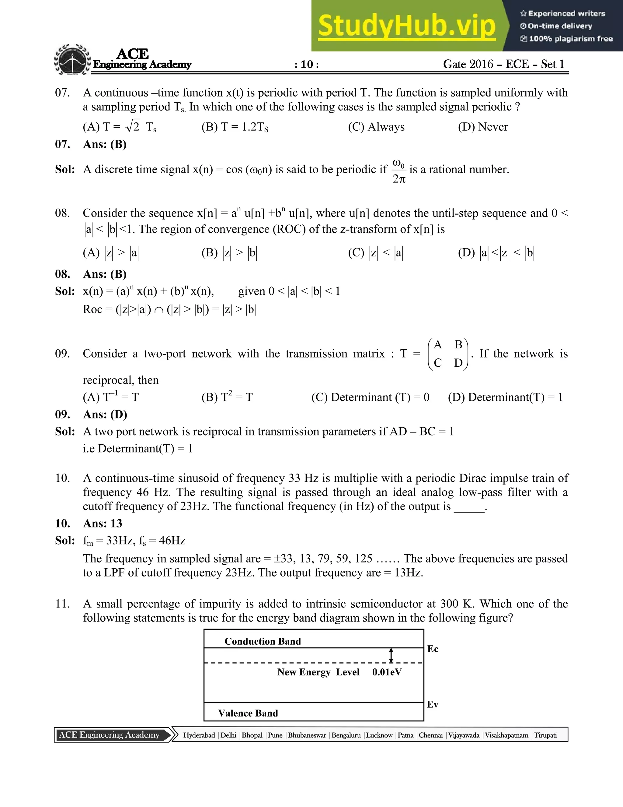 : 10 : Gate 2016 – ECE – Set 1
Hyderabad |Delhi |Bhopal |Pune |Bhubaneswar |Bengaluru |Lucknow |Patna |Chennai |Vijayawada |Visakhapatnam |Tirupati
ACE Engineering Academy
07. A continuous –time function x(t) is periodic with period T. The function is sampled uniformly with
a sampling period Ts. In which one of the following cases is the sampled signal periodic ?
(A) T = 2 Ts (B) T = 1.2TS (C) Always (D) Never
07. Ans: (B)
Sol: A discrete time signal x(n) = cos (0n) is said to be periodic if


2
0
is a rational number.
08. Consider the sequence x[n] = an
u[n] +bn
u[n], where u[n] denotes the until-step sequence and 0 <
a < b <1. The region of convergence (ROC) of the z-transform of x[n] is
(A) z > a (B) z > b (C) z < a (D) a < z < b
08. Ans: (B)
Sol: x(n) = (a)n
x(n) + (b)n
x(n), given 0 < |a| < |b| < 1
Roc = (|z|>|a|)  (|z| > |b|) = |z| > |b|
09. Consider a two-port network with the transmission matrix : T = 







D
C
B
A
. If the network is
reciprocal, then
(A) T–1
= T (B) T2
= T (C) Determinant (T) = 0 (D) Determinant(T) = 1
09. Ans: (D)
Sol: A two port network is reciprocal in transmission parameters if AD – BC = 1
i.e Determinant(T) = 1
10. A continuous-time sinusoid of frequency 33 Hz is multiplie with a periodic Dirac impulse train of
frequency 46 Hz. The resulting signal is passed through an ideal analog low-pass filter with a
cutoff frequency of 23Hz. The functional frequency (in Hz) of the output is _____.
10. Ans: 13
Sol: fm = 33Hz, fs = 46Hz
The frequency in sampled signal are = 33, 13, 79, 59, 125 …… The above frequencies are passed
to a LPF of cutoff frequency 23Hz. The output frequency are = 13Hz.
11. A small percentage of impurity is added to intrinsic semiconductor at 300 K. Which one of the
following statements is true for the energy band diagram shown in the following figure?
New Energy Level 0.01eV
Valence Band
Conduction Band
Ec
Ev
 