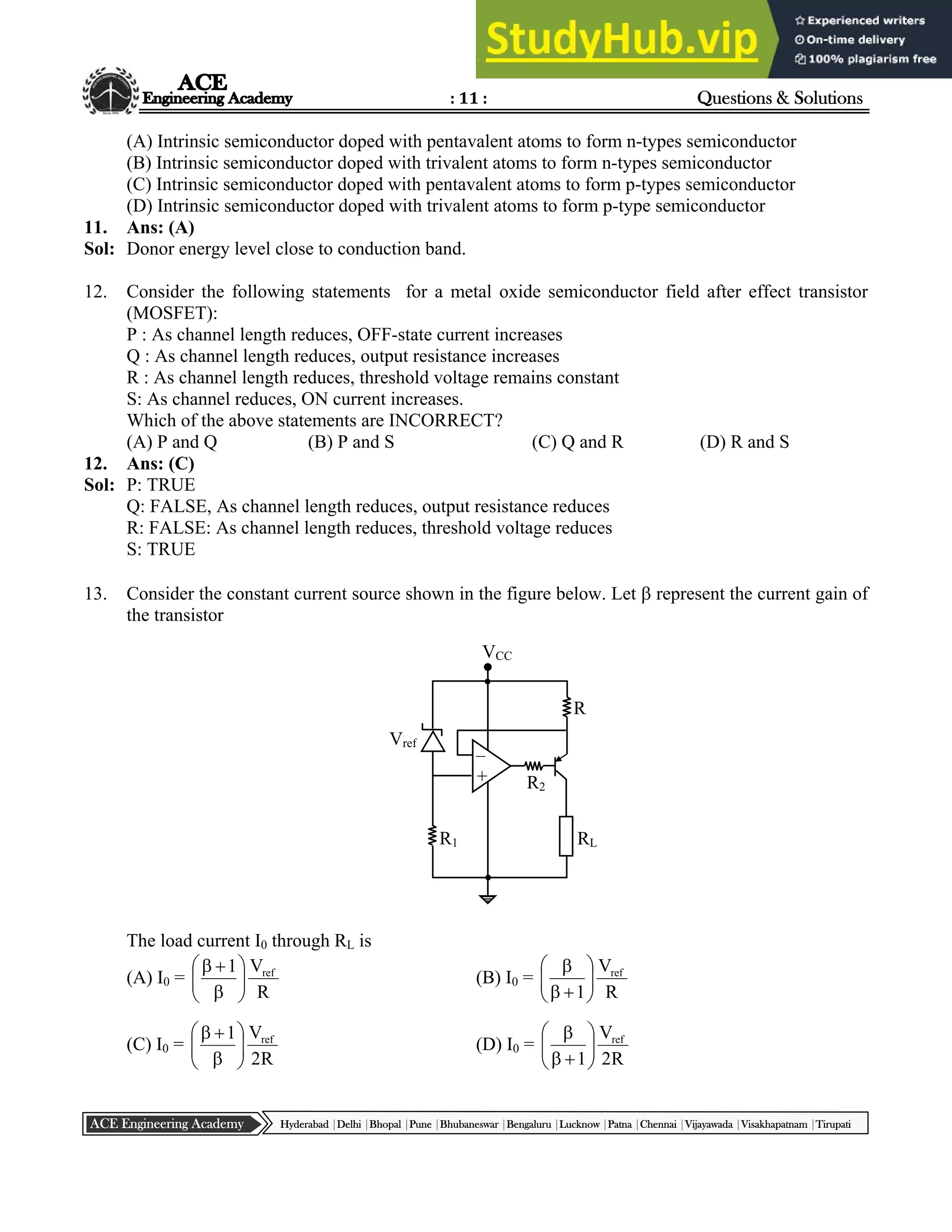 : 11 : Questions & Solutions
Hyderabad |Delhi |Bhopal |Pune |Bhubaneswar |Bengaluru |Lucknow |Patna |Chennai |Vijayawada |Visakhapatnam |Tirupati
ACE Engineering Academy
(A) Intrinsic semiconductor doped with pentavalent atoms to form n-types semiconductor
(B) Intrinsic semiconductor doped with trivalent atoms to form n-types semiconductor
(C) Intrinsic semiconductor doped with pentavalent atoms to form p-types semiconductor
(D) Intrinsic semiconductor doped with trivalent atoms to form p-type semiconductor
11. Ans: (A)
Sol: Donor energy level close to conduction band.
12. Consider the following statements for a metal oxide semiconductor field after effect transistor
(MOSFET):
P : As channel length reduces, OFF-state current increases
Q : As channel length reduces, output resistance increases
R : As channel length reduces, threshold voltage remains constant
S: As channel reduces, ON current increases.
Which of the above statements are INCORRECT?
(A) P and Q (B) P and S (C) Q and R (D) R and S
12. Ans: (C)
Sol: P: TRUE
Q: FALSE, As channel length reduces, output resistance reduces
R: FALSE: As channel length reduces, threshold voltage reduces
S: TRUE
13. Consider the constant current source shown in the figure below. Let  represent the current gain of
the transistor
The load current I0 through RL is
(A) I0 =
R
V
1 ref











(B) I0 =
R
V
1
ref











(C) I0 =
R
2
V
1 ref











(D) I0 =
R
2
V
1
ref











R
Vref
–
+
R1 RL
R2
VCC
 