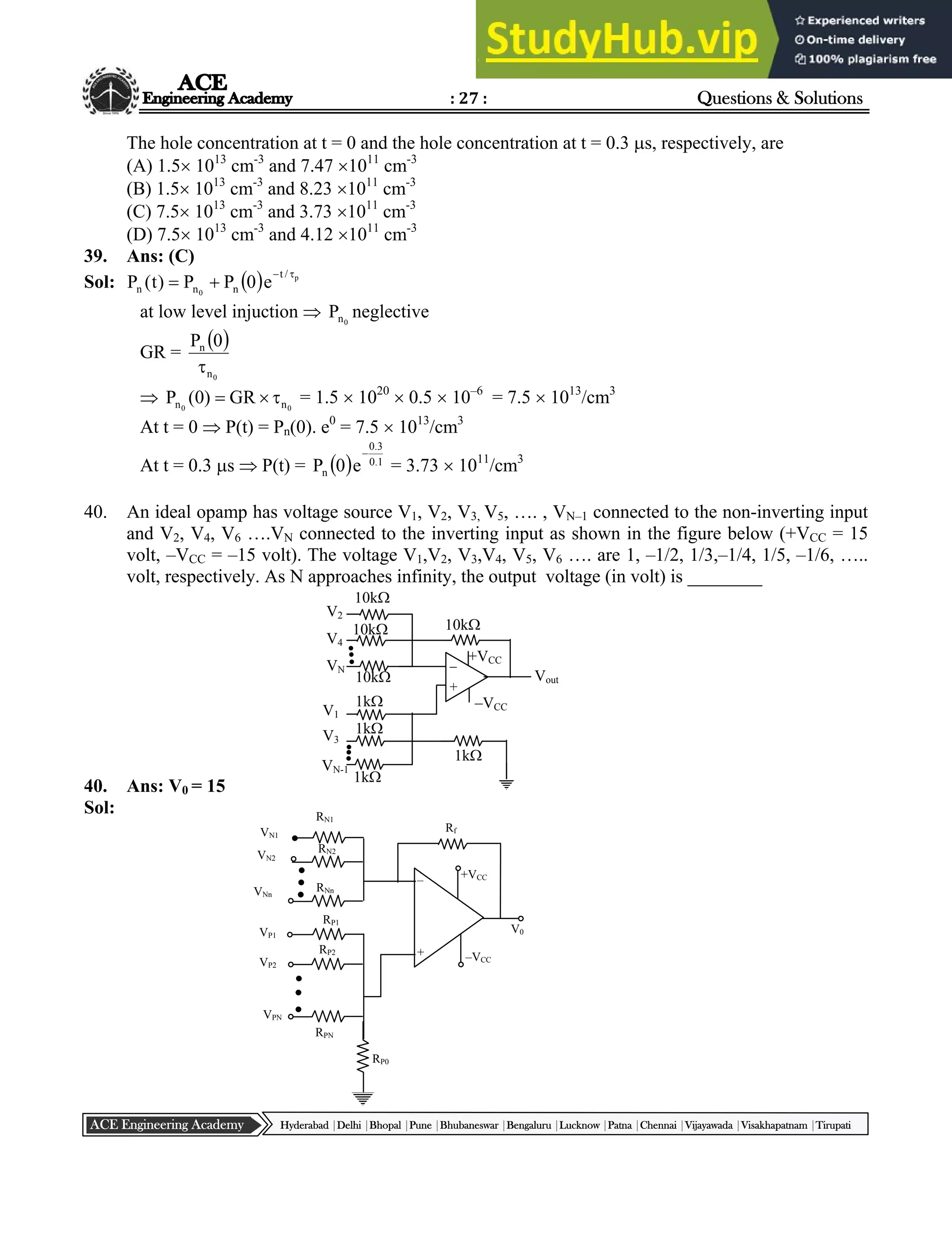 : 27 : Questions & Solutions
Hyderabad |Delhi |Bhopal |Pune |Bhubaneswar |Bengaluru |Lucknow |Patna |Chennai |Vijayawada |Visakhapatnam |Tirupati
ACE Engineering Academy
The hole concentration at t = 0 and the hole concentration at t = 0.3 s, respectively, are
(A) 1.5 1013
cm-3
and 7.47 1011
cm-3
(B) 1.5 1013
cm-3
and 8.23 1011
cm-3
(C) 7.5 1013
cm-3
and 3.73 1011
cm-3
(D) 7.5 1013
cm-3
and 4.12 1011
cm-3
39. Ans: (C)
Sol:   p
0
/
t
n
n
n e
0
P
P
)
t
(
P




at low level injuction  0
n
P neglective
GR =
 
0
n
n 0
P

 0
0 n
n GR
)
0
(
P 

 = 1.5  1020
 0.5  10–6
= 7.5  1013
/cm3
At t = 0  P(t) = Pn(0). e0
= 7.5  1013
/cm3
At t = 0.3 s  P(t) =   1
.
0
3
.
0
n e
0
P

= 3.73  1011
/cm3
40. An ideal opamp has voltage source V1, V2, V3, V5, …. , VN–1 connected to the non-inverting input
and V2, V4, V6 ….VN connected to the inverting input as shown in the figure below (+VCC = 15
volt, –VCC = –15 volt). The voltage V1,V2, V3,V4, V5, V6 …. are 1, –1/2, 1/3,–1/4, 1/5, –1/6, …..
volt, respectively. As N approaches infinity, the output voltage (in volt) is ________
40. Ans: V0 = 15
Sol:
–
+
V2
V4
VN
V1
V3
VN-1
10k
10k
10k
1k
1k
1k
10k
+VCC
–VCC
Vout
1k
+
–
V0
RP0
RPN
VPN
VP2
VP1
VN1
VN2
VNn
Rf
RN1
RN2
RNn
RP1
RP2
–VCC
+VCC
 