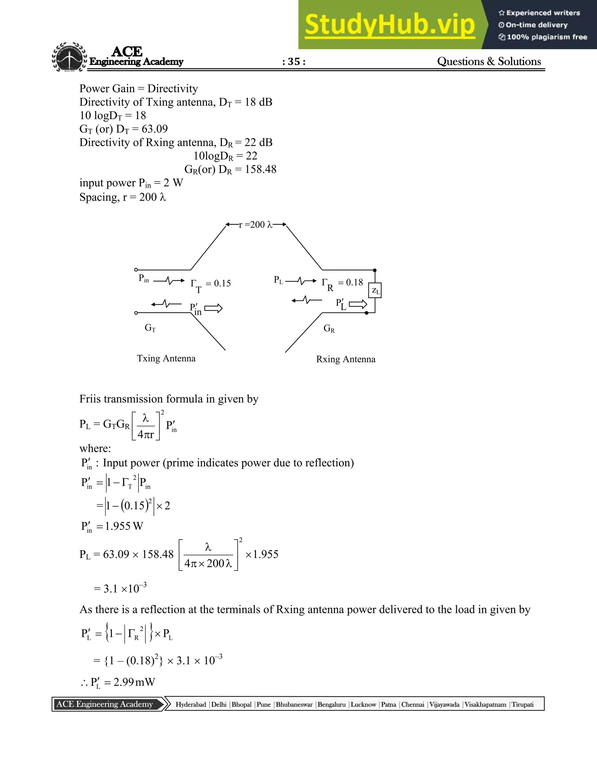 : 35 : Questions & Solutions
Hyderabad |Delhi |Bhopal |Pune |Bhubaneswar |Bengaluru |Lucknow |Patna |Chennai |Vijayawada |Visakhapatnam |Tirupati
ACE Engineering Academy
Power Gain = Directivity
Directivity of Txing antenna, DT = 18 dB
10 logDT = 18
GT (or) DT = 63.09
Directivity of Rxing antenna, DR = 22 dB
10logDR = 22
GR(or) DR = 158.48
input power Pin = 2 W
Spacing, r = 200 
Friis transmission formula in given by
PL = GTGR in
2
P
r
4









where:
:
Pin
 Input power (prime indicates power due to reflection)
in
2
T
in P
1
P 



=   2
15
.
0
1
2


W
955
.
1
Pin 

PL = 63.09  158.48 955
.
1
200
4
2











= 3.1 10–3
As there is a reflection at the terminals of Rxing antenna power delivered to the load in given by
  L
2
R
L P
1
P 




= {1 – (0.18)2
}  3.1  10–3
mW
99
.
2
PL 


GR
GT
Pin
in
P L
P
18
.
0
R


15
.
0
T


zL
r =200 
Txing Antenna Rxing Antenna
PL
 